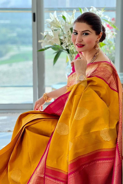 Prominent Yellow Soft Banarasi Silk Saree With Blissful Blouse Piece