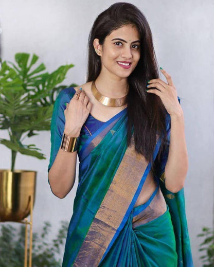 Outstanding Rama Soft Silk Saree with Invaluable Blouse Piece
