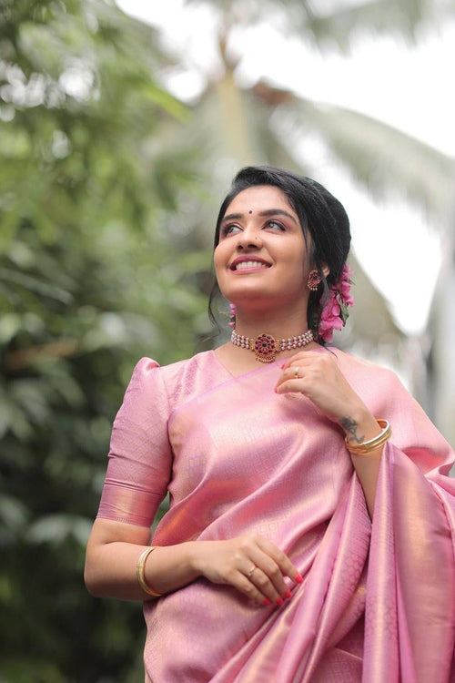 Load image into Gallery viewer, Evocative Pink Soft Silk Saree With Forbearance Blouse Piece
