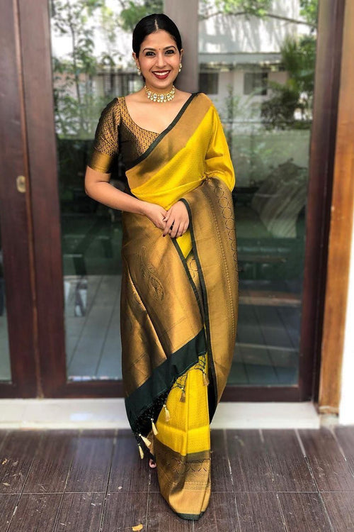Yellow Silk Saree With Gold Woven Work For Women | zeelpin.com