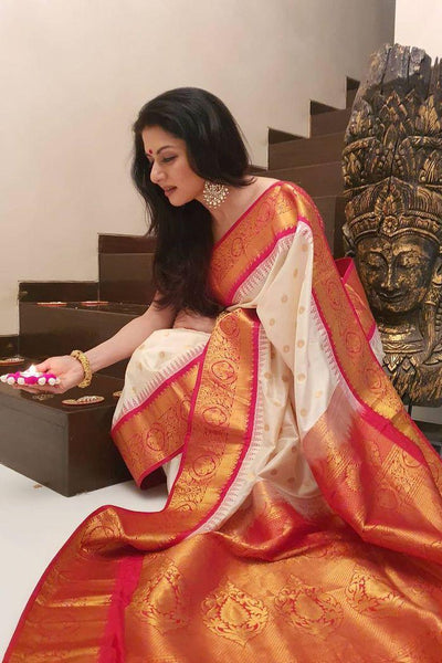 Marvellous Beige Soft Banarasi Silk Saree With Unique Blouse Piece
