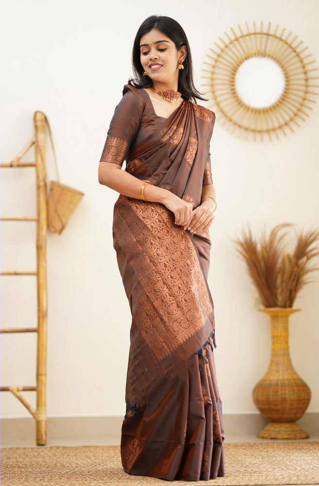 Magnetic Brown Soft Silk Saree With Confounding Blouse Piece