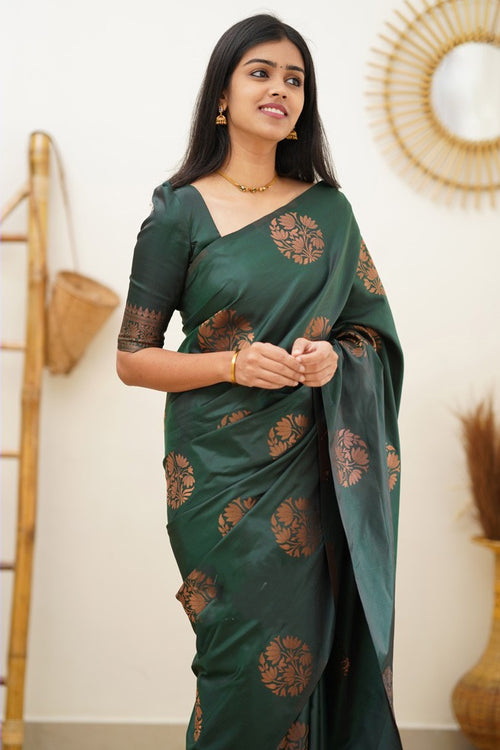 Load image into Gallery viewer, Snazzy Dark Green Soft Silk Saree With Enchanting Blouse Piece
