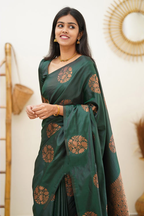 Load image into Gallery viewer, Snazzy Dark Green Soft Silk Saree With Enchanting Blouse Piece
