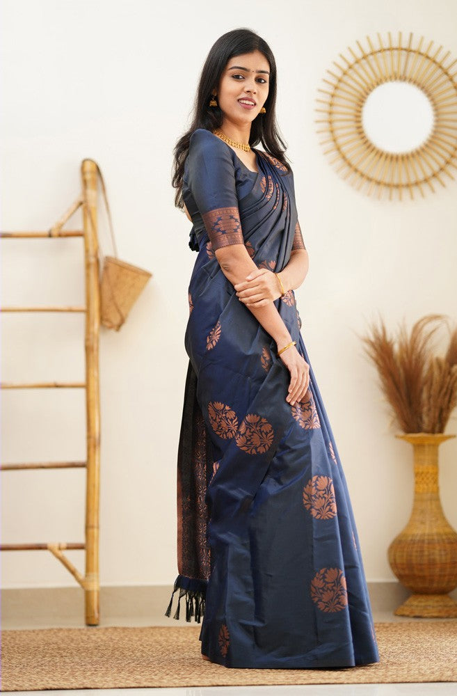 Buy this Navy blue saree & peach blouse with hand embroidery on sleeves