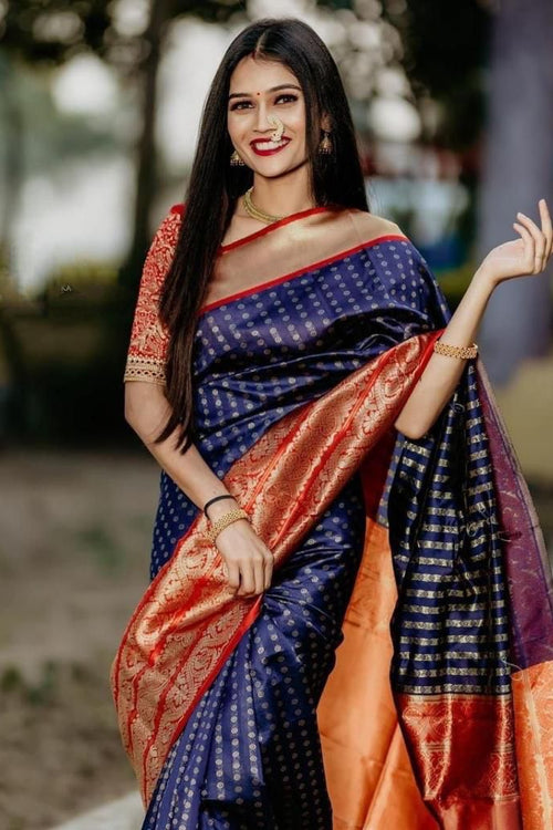 Load image into Gallery viewer, Glowing Royal Blue Soft Banarasi Silk Saree With Surpassing Blouse Piece
