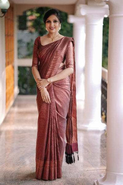 Hypnotic Wine Soft Silk Saree With Intricate Blouse Piece