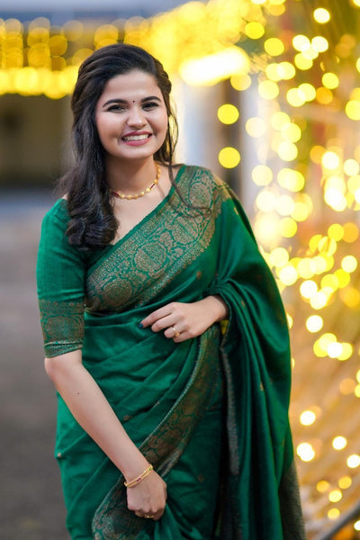 Imaginative Green Soft Banarasi Silk Saree with Artistic Blouse Piece