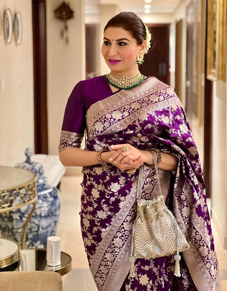 Effervescent Wine Soft Banarasi Silk Saree With Elision Blouse Piece