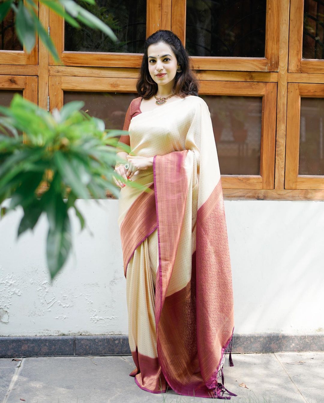 Lagniappe Beige Soft Silk Saree With Lassitude Blouse Piece