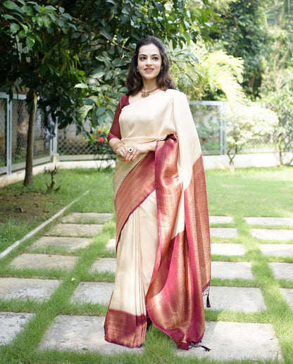 Lagniappe Beige Soft Silk Saree With Lassitude Blouse Piece