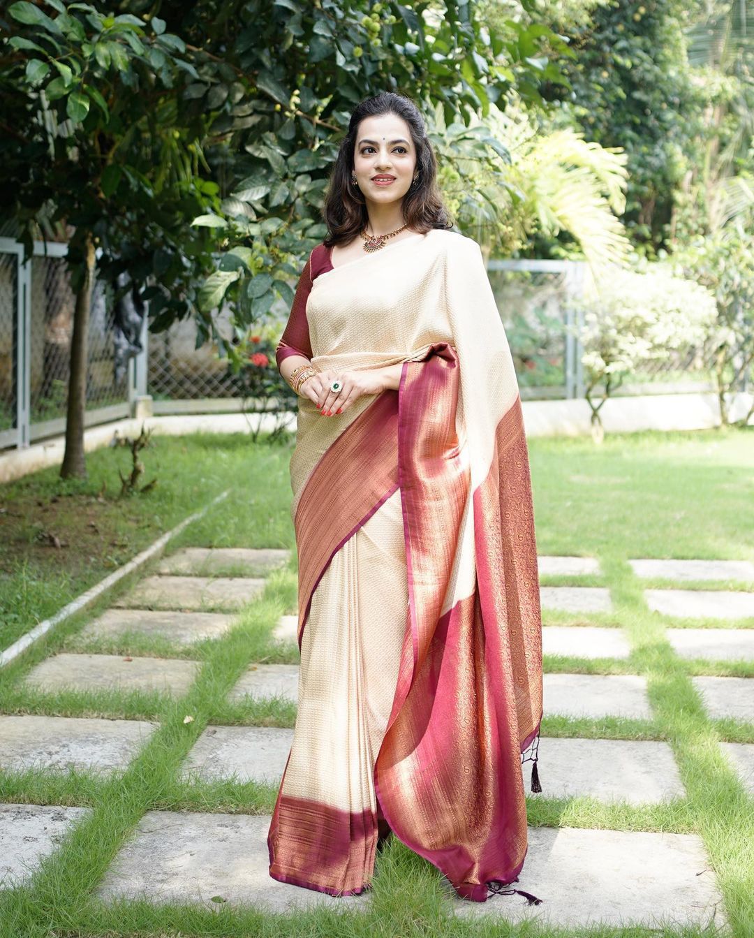 Lagniappe Beige Soft Silk Saree With Lassitude Blouse Piece