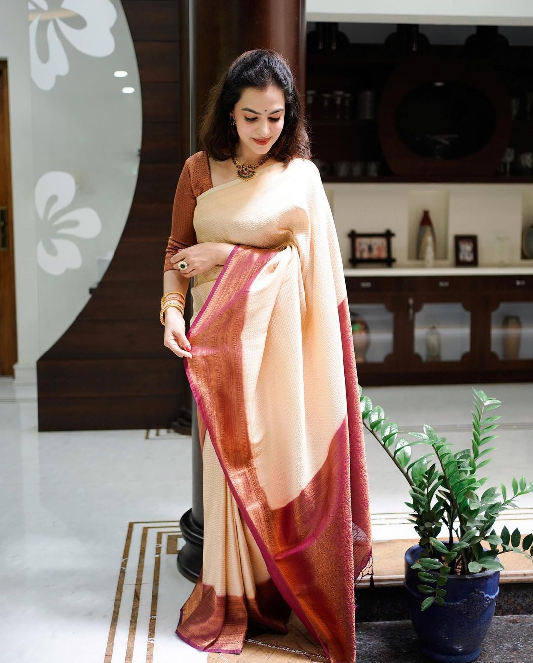 Lagniappe Beige Soft Silk Saree With Lassitude Blouse Piece