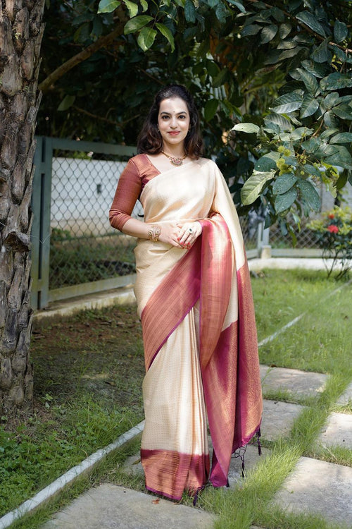 Load image into Gallery viewer, Lagniappe Beige Soft Silk Saree With Lassitude Blouse Piece
