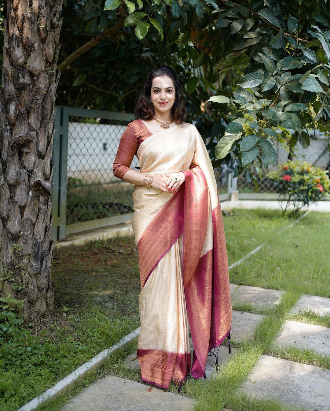 Lagniappe Beige Soft Silk Saree With Lassitude Blouse Piece