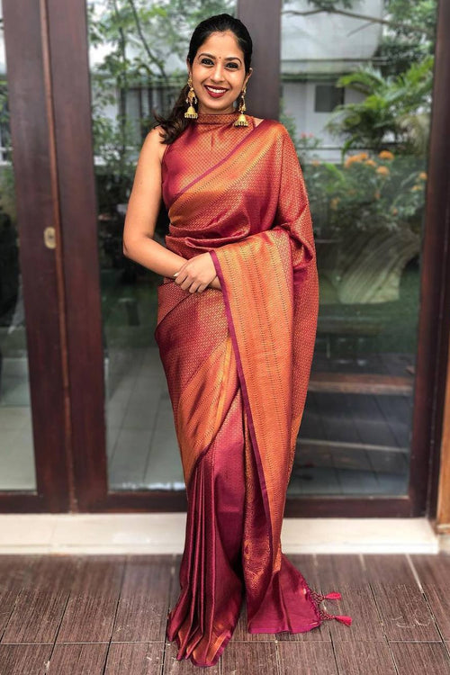 Load image into Gallery viewer, Murmurous Wine Soft Silk Saree With Nemesis Blouse Piece
