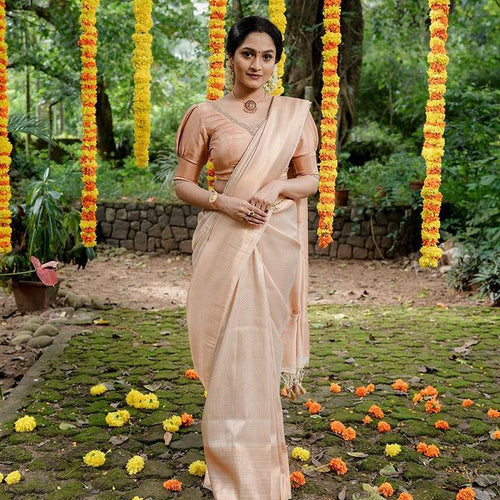 Load image into Gallery viewer, Lissome Cream Soft Silk Saree with Mellifluous Blouse Piece
