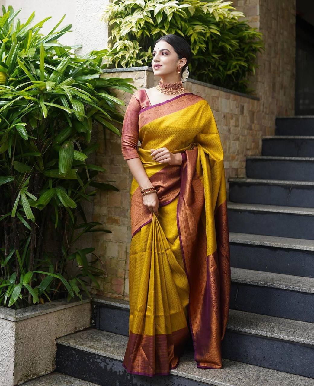 Panoply Golden Soft Silk Saree with Propinquity Blouse Piece