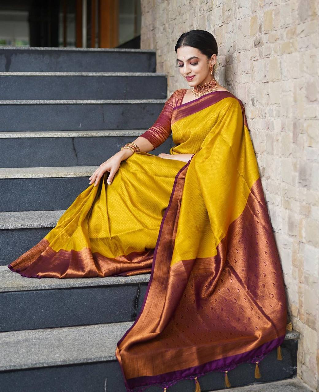 Panoply Golden Soft Silk Saree with Propinquity Blouse Piece