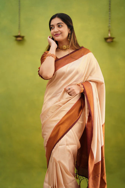 Load image into Gallery viewer, Imaginative Beige Soft Banarasi Silk Saree With Incomparable Blouse Piece
