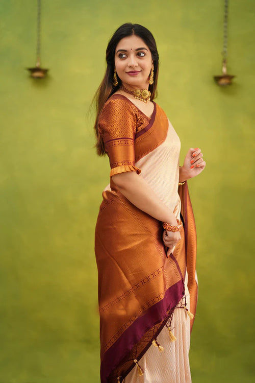 Load image into Gallery viewer, Imaginative Beige Soft Banarasi Silk Saree With Incomparable Blouse Piece
