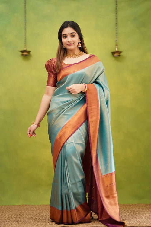 Load image into Gallery viewer, Exuberant Firozi Soft Banarasi Silk Saree With Supernal Blouse Piece
