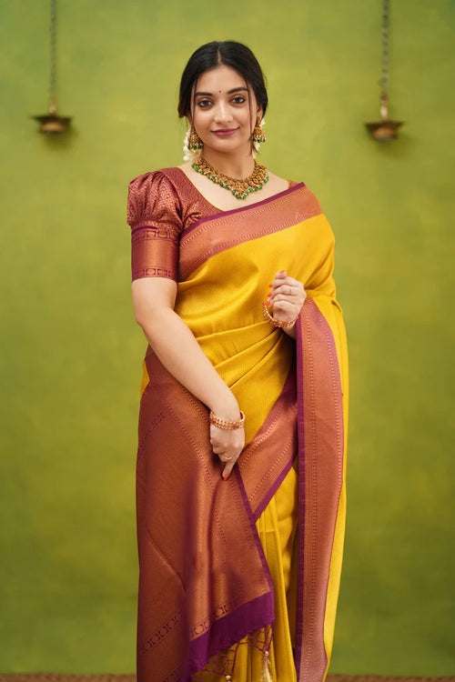 Load image into Gallery viewer, Epiphany Golden Soft Silk Saree with Improbable Blouse Piece
