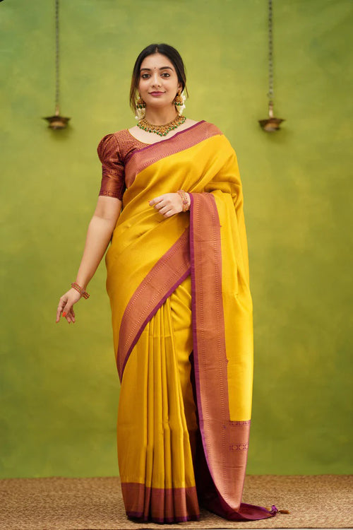 Load image into Gallery viewer, Epiphany Golden Soft Silk Saree with Improbable Blouse Piece
