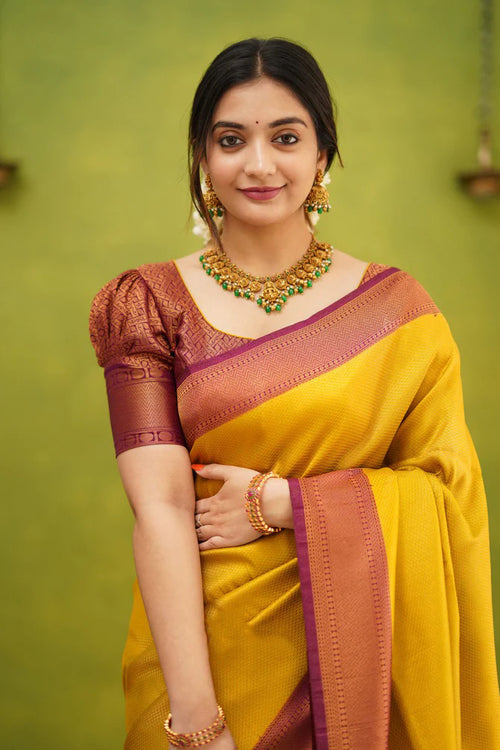 Load image into Gallery viewer, Epiphany Golden Soft Silk Saree with Improbable Blouse Piece
