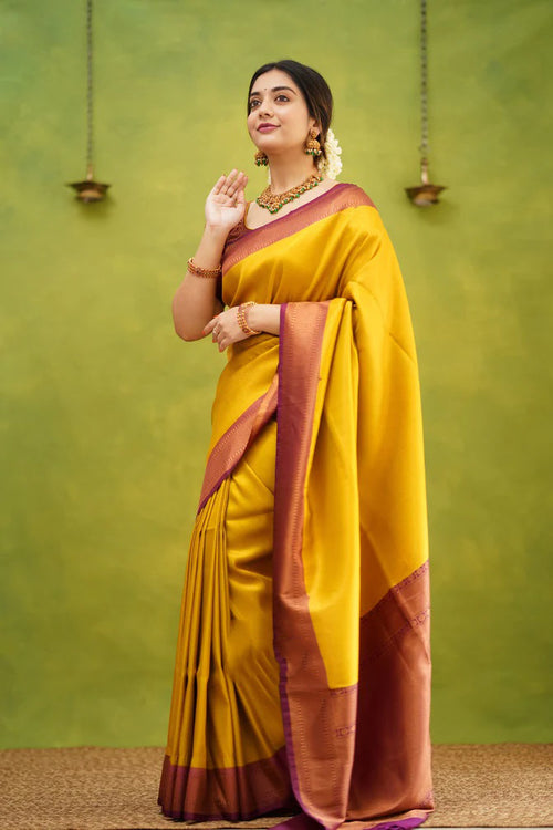 Load image into Gallery viewer, Epiphany Golden Soft Silk Saree with Improbable Blouse Piece
