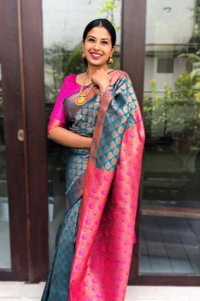 Energetic Rama Soft Banarasi Silk Saree With Gratifying Blouse Piece