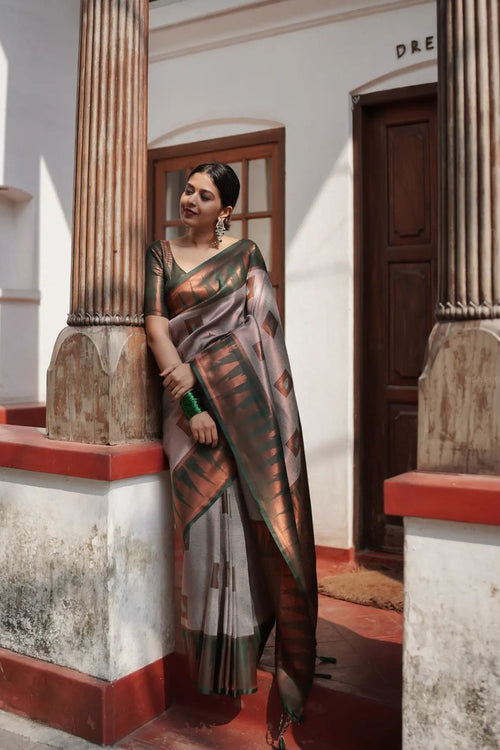 Load image into Gallery viewer, Fragrant Grey Soft Silk Saree With Snappy Blouse Piece
