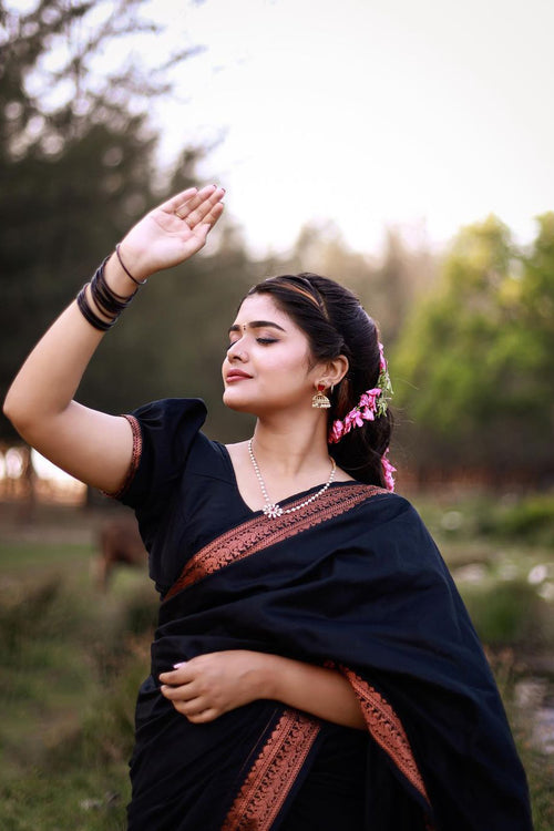 Load image into Gallery viewer, Skinny Black Soft Banarasi Silk Saree With Beauteous Blouse Piece
