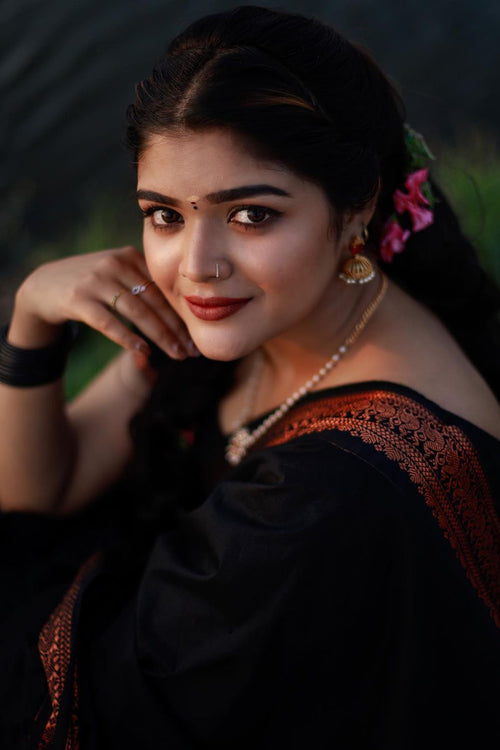 Load image into Gallery viewer, Skinny Black Soft Banarasi Silk Saree With Beauteous Blouse Piece
