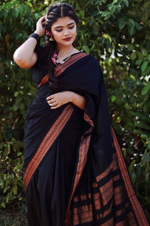 Load image into Gallery viewer, Skinny Black Soft Banarasi Silk Saree With Beauteous Blouse Piece
