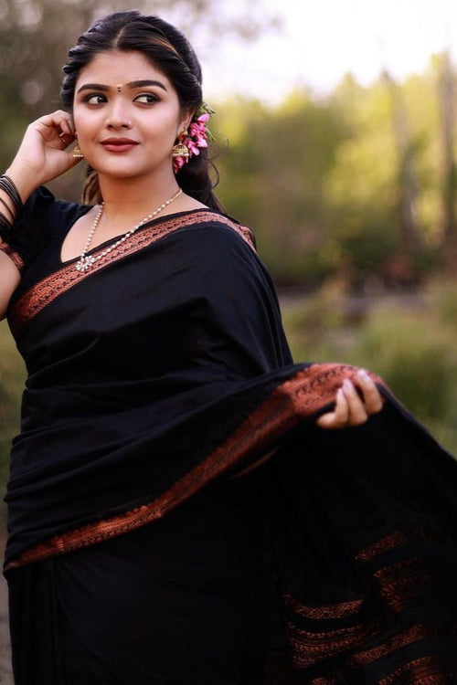 Load image into Gallery viewer, Skinny Black Soft Banarasi Silk Saree With Beauteous Blouse Piece
