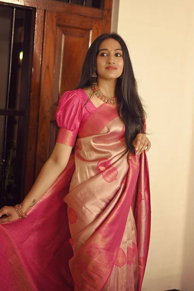 Elegant Peach Soft Silk Saree With Unique Blouse Piece