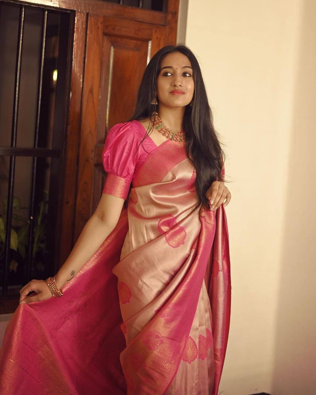 Elegant Peach Soft Silk Saree With Unique Blouse Piece