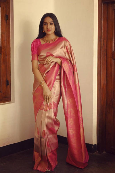 Elegant Peach Soft Silk Saree With Unique Blouse Piece