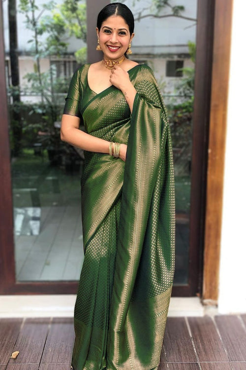 Load image into Gallery viewer, Flamboyant Green Soft Silk Saree With Gleaming Blouse Piece
