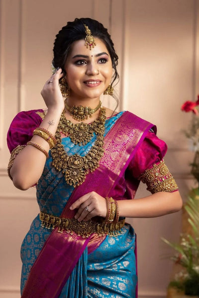 Staggering Firozi Soft Banarasi Silk Saree With Imaginative Blouse Piece