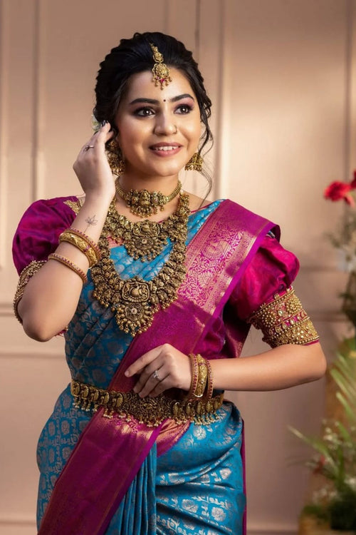 Load image into Gallery viewer, Staggering Firozi Soft Banarasi Silk Saree With Imaginative Blouse Piece
