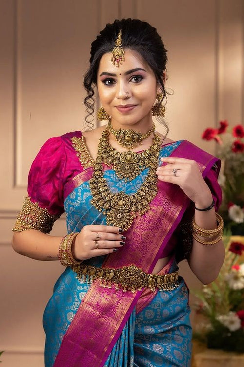 Load image into Gallery viewer, Staggering Firozi Soft Banarasi Silk Saree With Imaginative Blouse Piece
