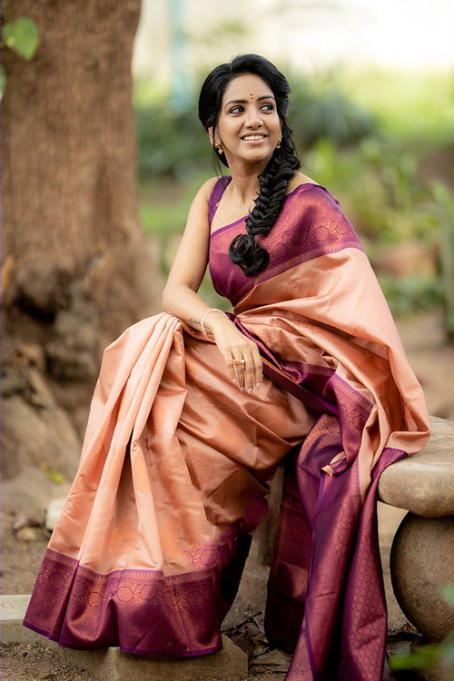 Load image into Gallery viewer, Outstanding Peach Soft Silk Saree With Intricate Blouse Piece
