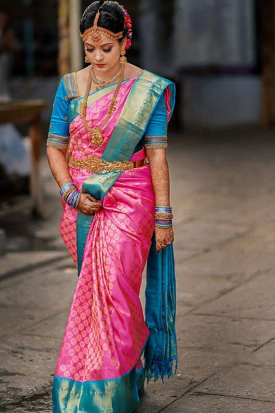 Gossamer Dark Pink Soft Banarasi Silk Saree With Elision Blouse Piece