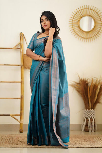 Brood Firozi Soft Silk Saree With Moiety Blouse Piece