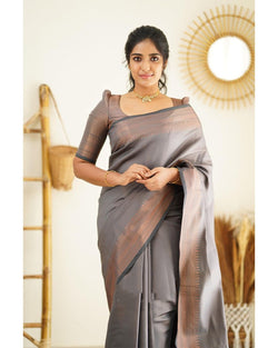 Desultory Grey Soft Silk Saree With Seraglio Blouse Piece