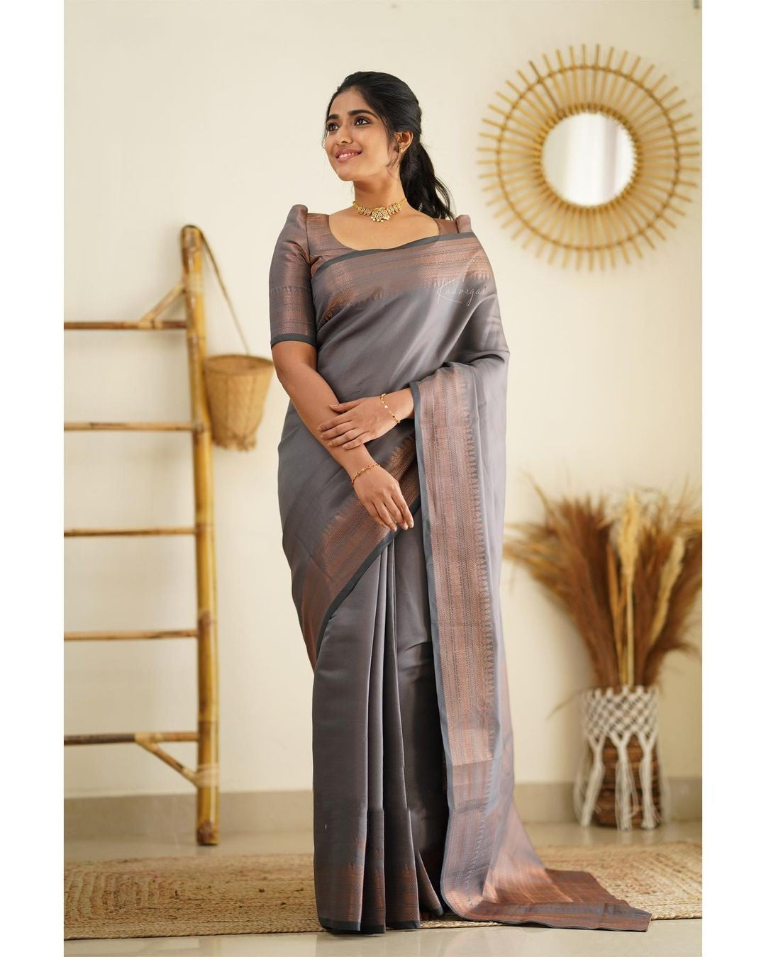 Desultory Grey Soft Silk Saree With Seraglio Blouse Piece