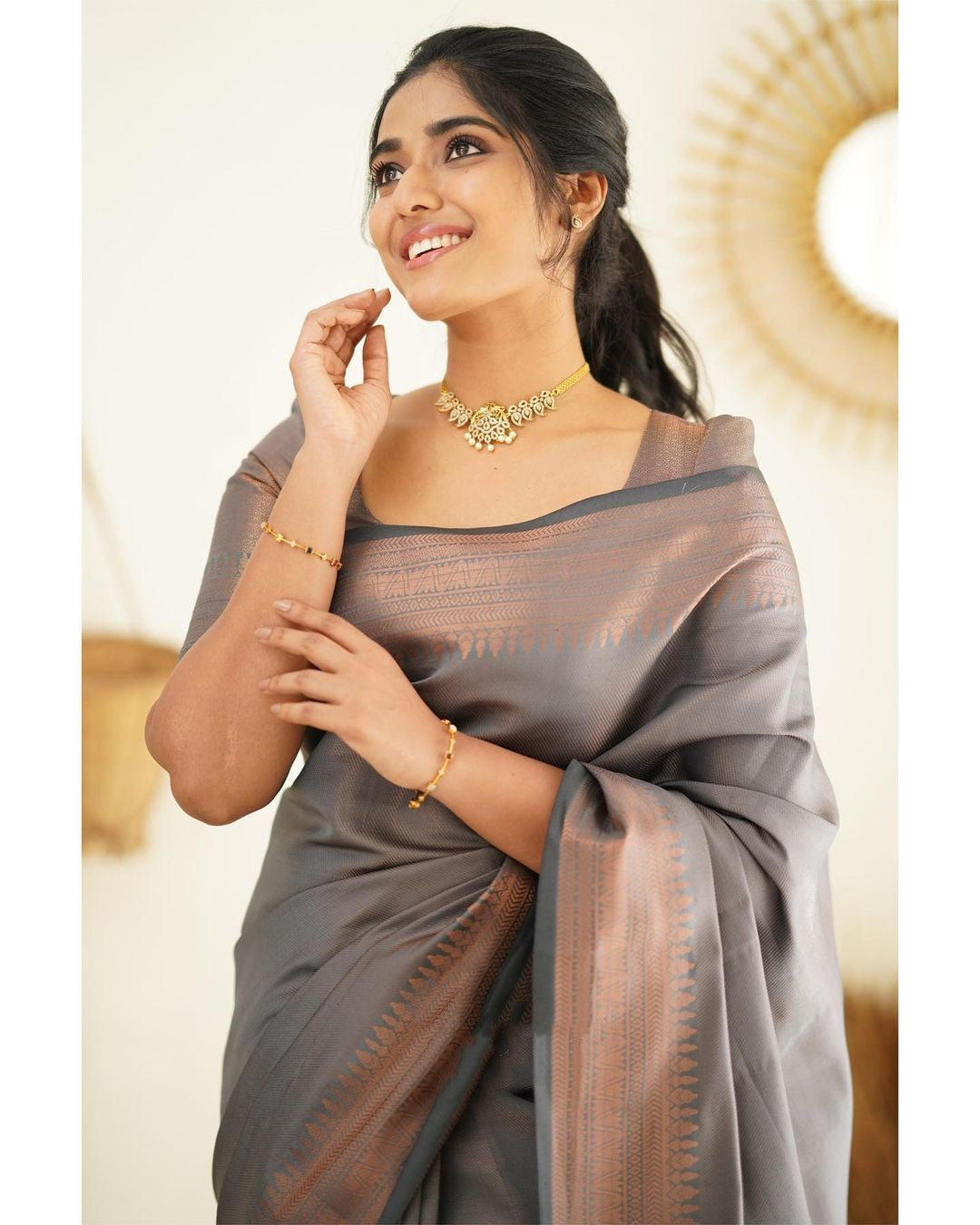 Desultory Grey Soft Silk Saree With Seraglio Blouse Piece