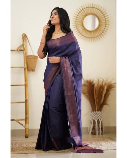 Lagniappe Navy Blue Soft Silk Saree With Devastating Blouse Piece